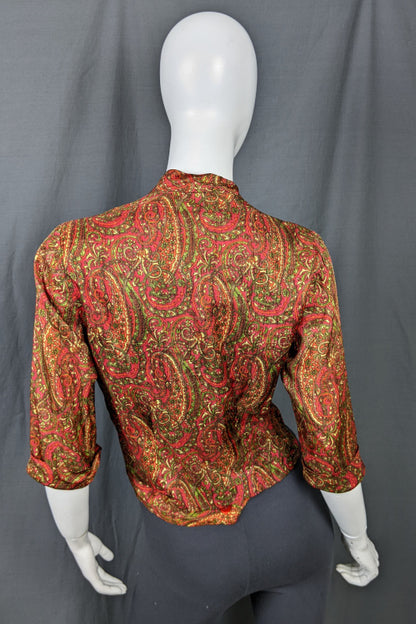 1960s Green & Red Paisley Wrap Front Top | Bernella | M