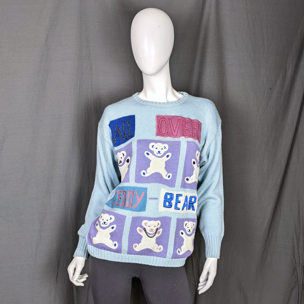 1980s Light Blue Beaded 'Teddy Bear' Vintage Jumper