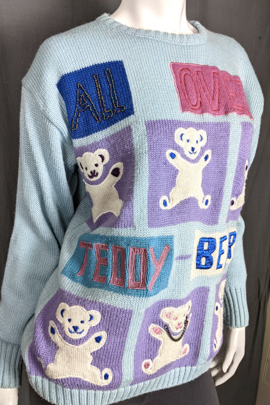 1980s Light Blue Beaded 'Teddy Bear' Jumper | 2XL