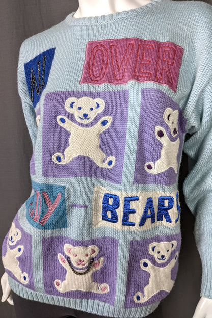 1980s Light Blue Beaded 'Teddy Bear' Jumper | 2XL