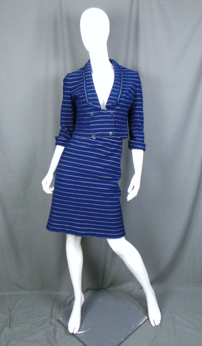 1960s Navy White Stripe Vintage Skirt Suit