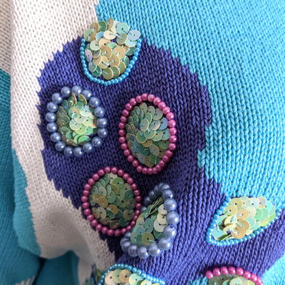 1990s Aqua Octopus & Starfish Beaded Jumper | 3XL