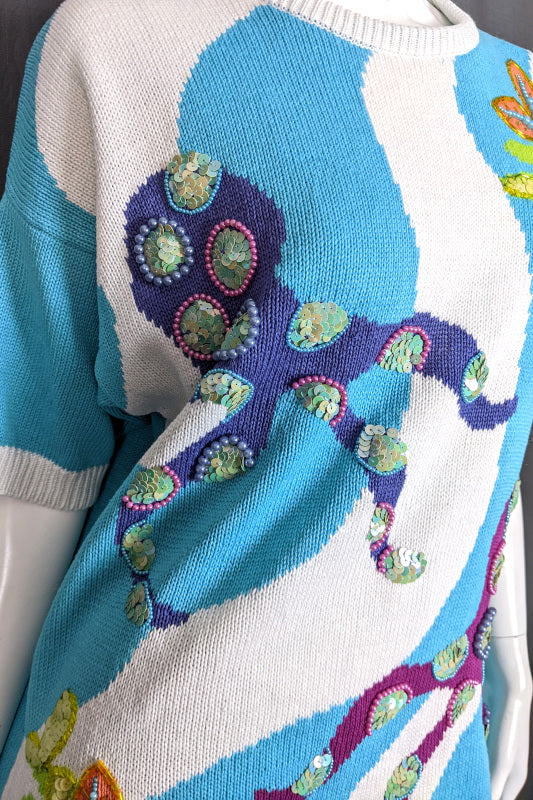 1990s Aqua Octopus & Starfish Beaded Jumper | 3XL