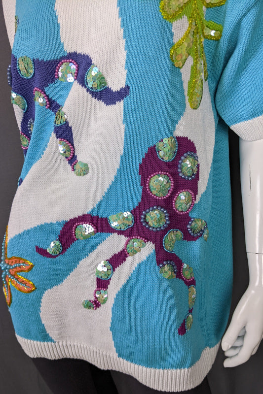 1990s Aqua Octopus & Starfish Beaded Jumper | 3XL