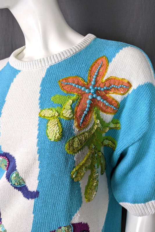 1990s Aqua Octopus & Starfish Beaded Jumper | 3XL