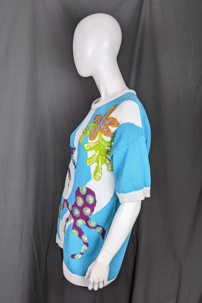 1990s Aqua Octopus & Starfish Beaded Jumper | 3XL