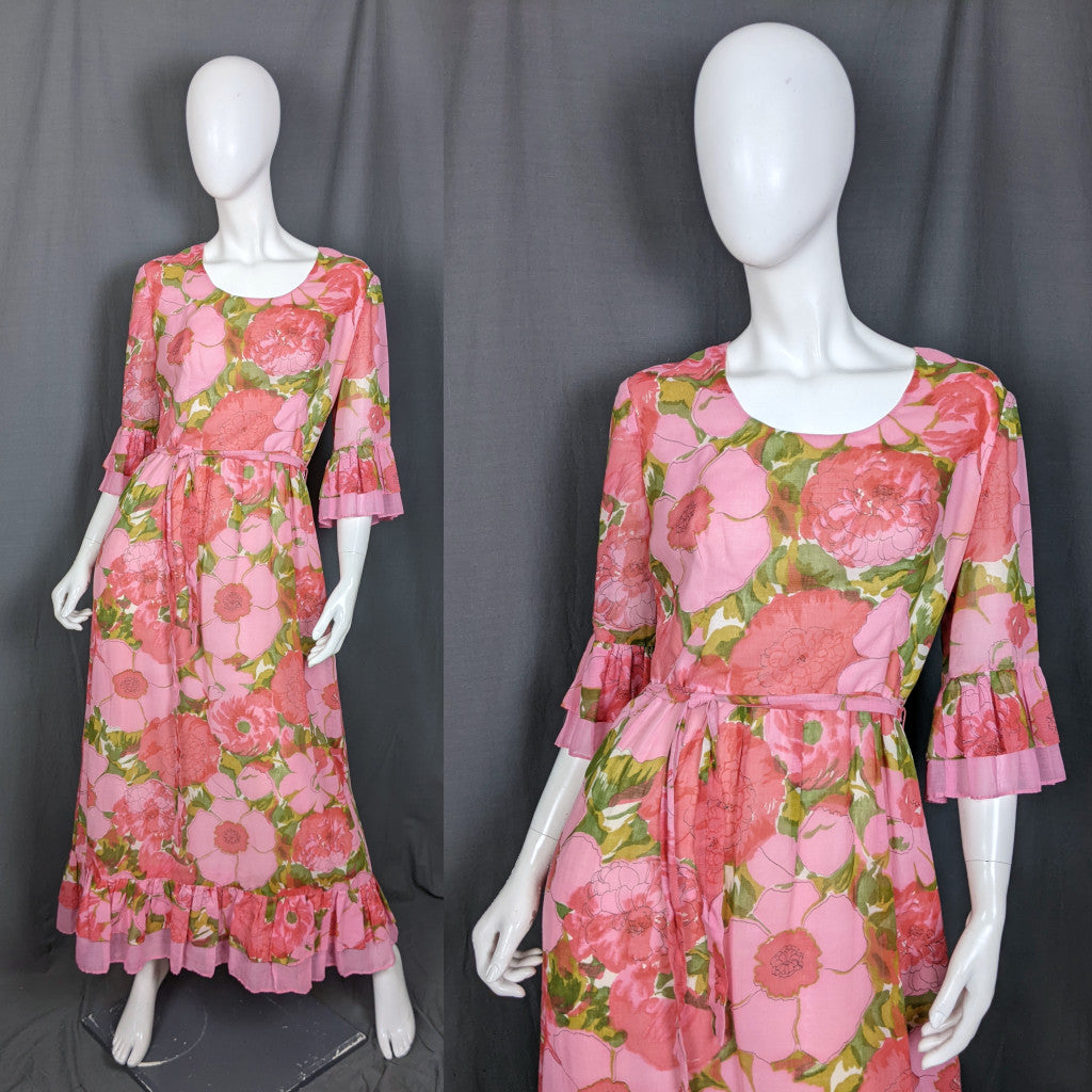 1960s Pink Large Bloom Frill Sleeve Vintage Maxi Dress Kati