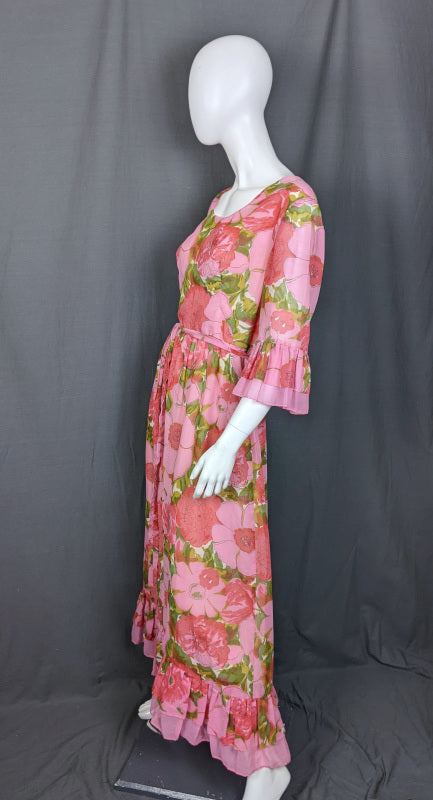 1960s Pink Large Bloom Frill Sleeve Maxi Dress | Kati | L