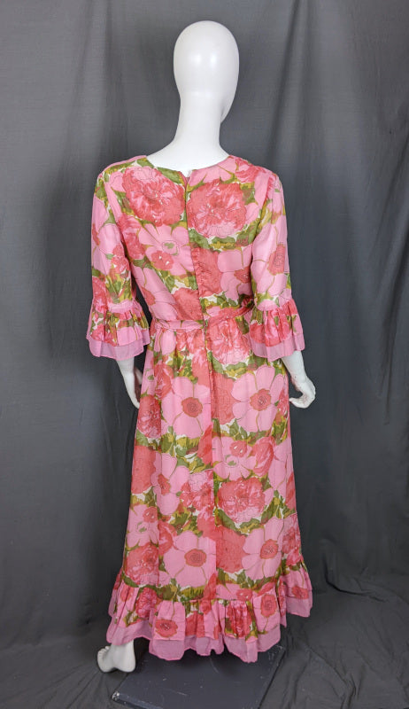 1960s Pink Large Bloom Frill Sleeve Maxi Dress | Kati | L