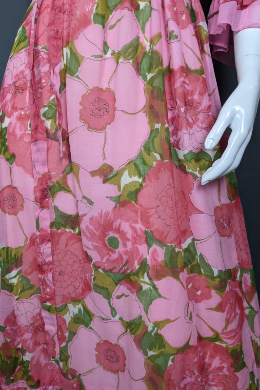 1960s Pink Large Bloom Frill Sleeve Maxi Dress | Kati | L