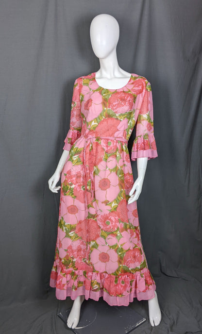 1960s Pink Large Bloom Frill Sleeve Vintage Maxi Dress Kati