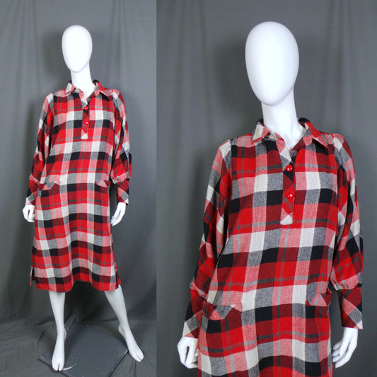 1980s Red and Black Checked Wool Vintage Dress
