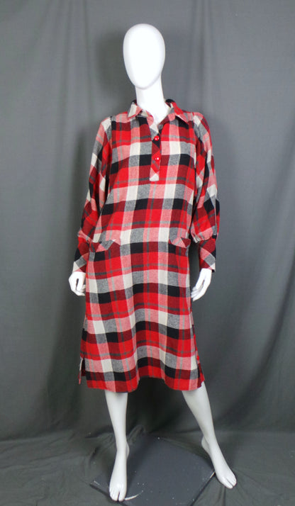 1980s Red and Black Checked Wool Vintage Dress