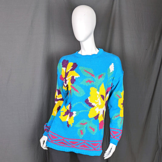 1980s Bright Tropical Flower Handknit Vintage Jumper