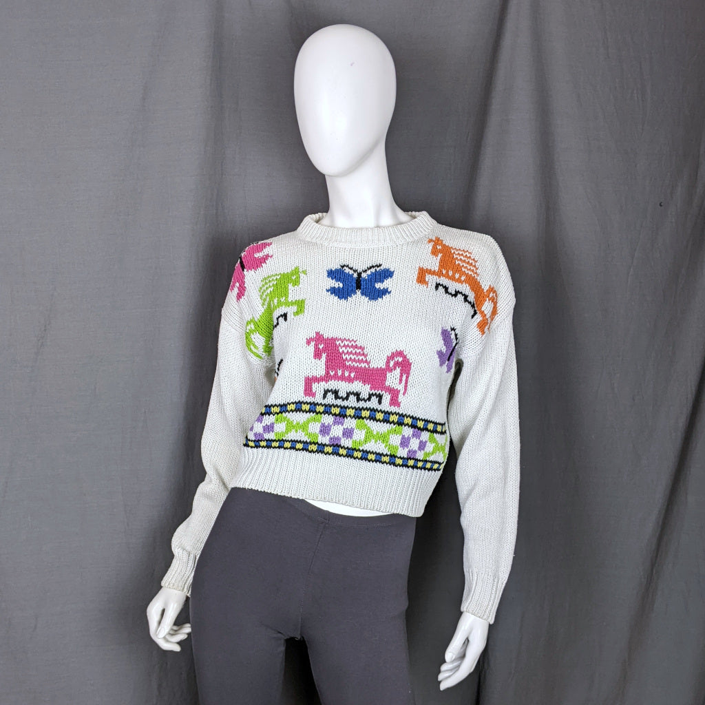 1990s White Cropped Horse & Butterfly Vintage Jumper