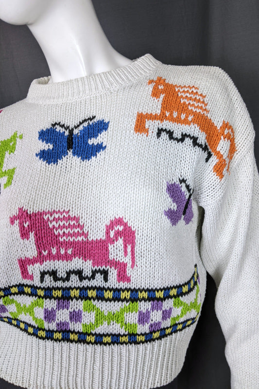 1990s White Cropped Horse & Butterfly Jumper | XL