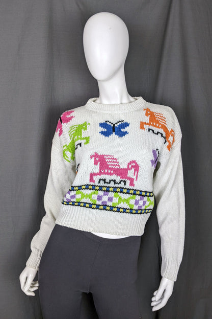 1990s White Cropped Horse & Butterfly Jumper | XL