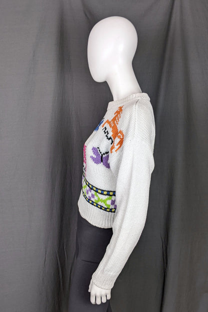 1990s White Cropped Horse & Butterfly Jumper | XL