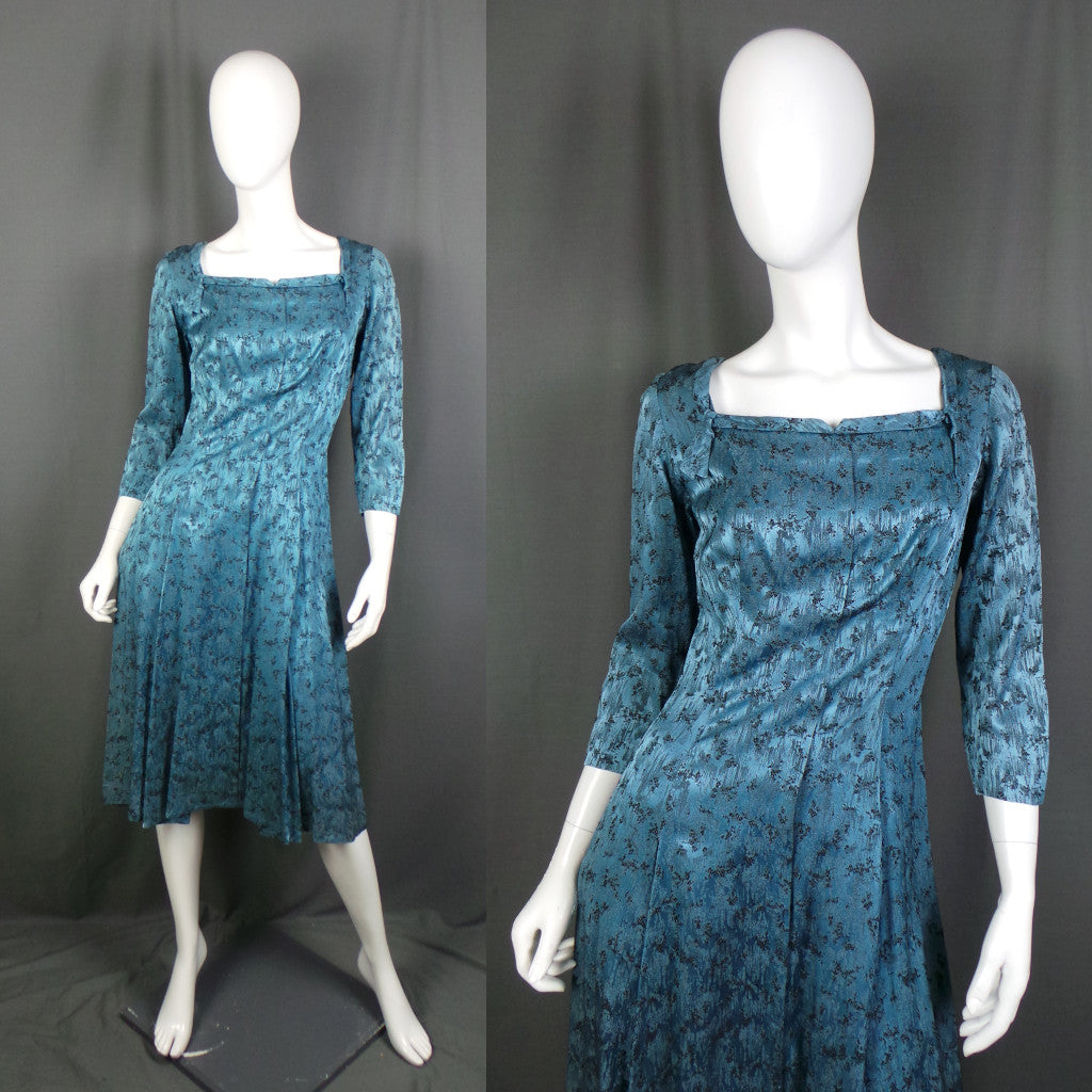 1940s Light Ice Blue Brocade Bow Back Vintage Dress, by Belmont Couture