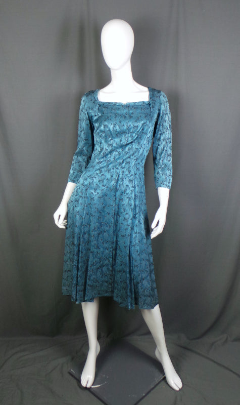 1940s Blue Brocade Bow Back Vintage Dress | Belmont Couture