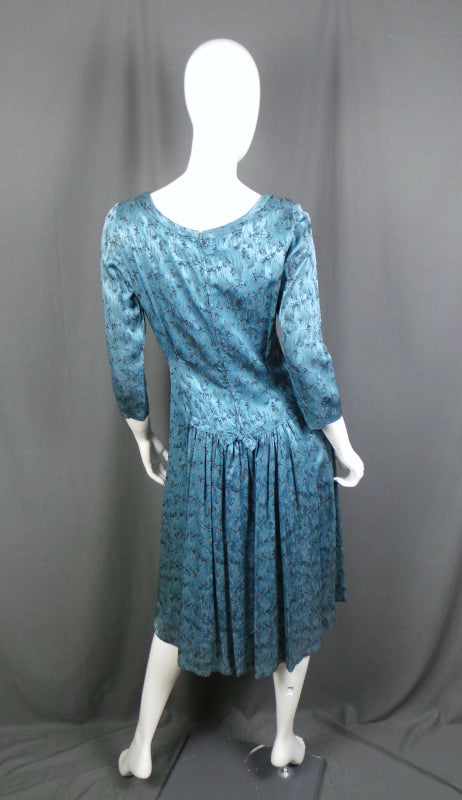 1940s Light Ice Blue Brocade Bow Back Dress, by Belmont Couture, 39.5in Bust