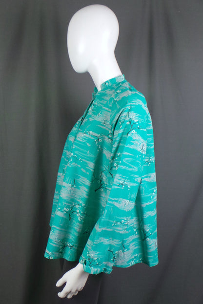 1950s Aqua Blossom and Water Ripple Eastern Style Jacket, 40in Bust