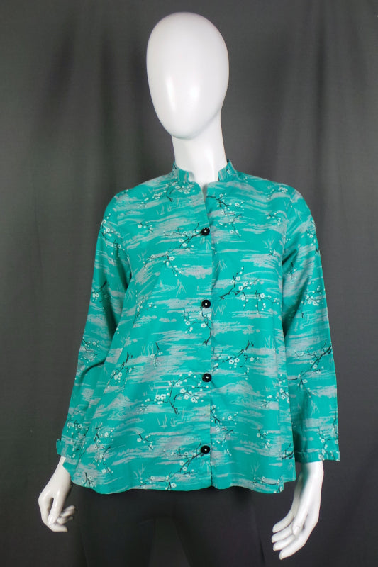 1950s Aqua Blossom and Water Ripple Eastern Style Jacket, 40in Bust