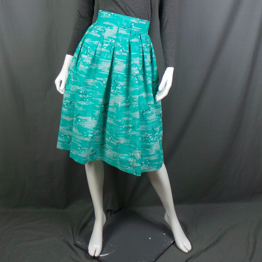1950s Aqua Blossom Print Vintage Skirt