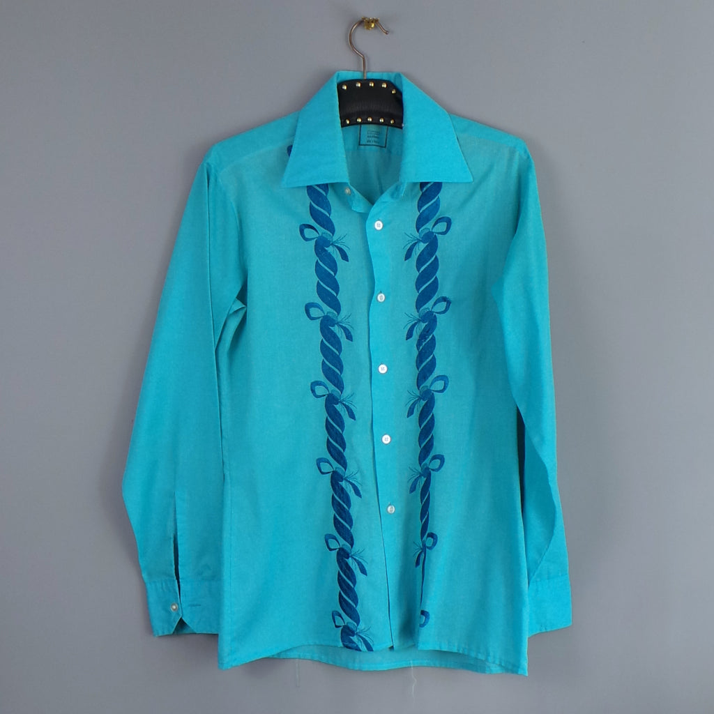 1970s Bright Blue Embroidered Front Vintage Mens Shirt, by Globe Trotter