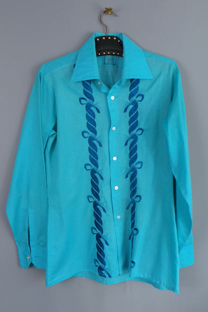 1970s Bright Blue Embroidered Front Shirt, by Globe Trotter, 43in Chest