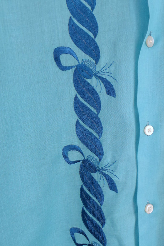 1970s Bright Blue Embroidered Front Shirt, by Globe Trotter, 43in Chest