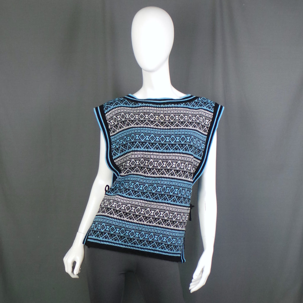 1970s Blue and Black Geo Print Knit Vintage Tunic Tank Top Vest,