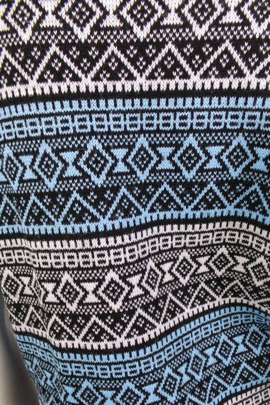 1970s Blue and Black Geo Print Knit Tunic Tank Top Vest, Free Size