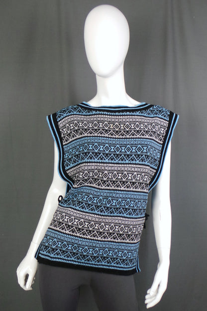 1970s Blue and Black Geo Print Knit Tunic Tank Top Vest, Free Size