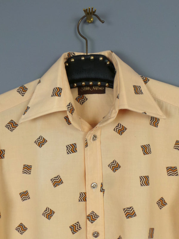 1970s Tan Square Print Deadstock Dagger Collar Shirt, by John Milner, 15in Collar