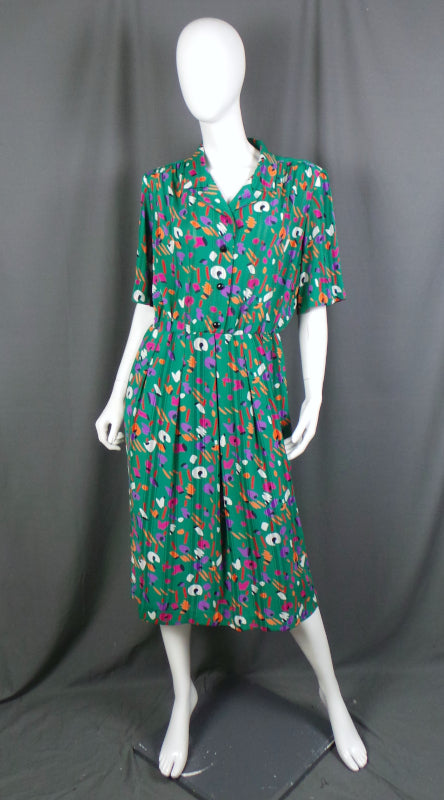 1980s Green Stripe Geo Vintage Shirt Dress
