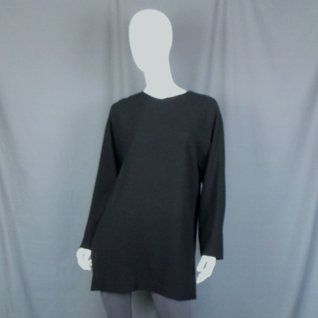1980 Black Wool Crepe Button Back Vintage Tunic Top, by Jean Muir