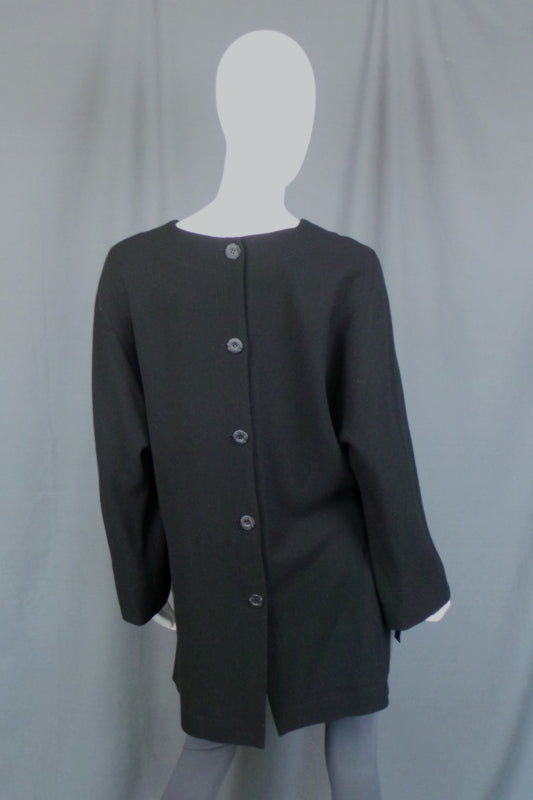 1980 Black Wool Crepe Button Back Tunic Top, by Jean Muir, 39in Bust