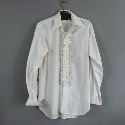 1970s White Double Cuff Vintage Mens Shirt with Lace Frill Front