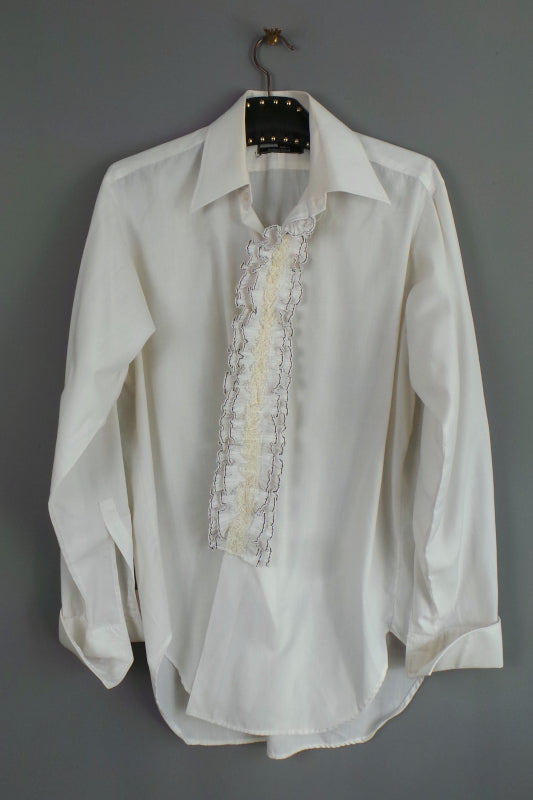 1970s White Double Cuff Shirt with Lace Frill Front, 46in Chest