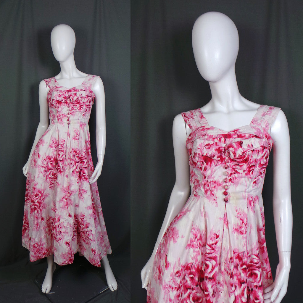 1950s White and Pink Rose Print Floral Cotton Vintage Gown