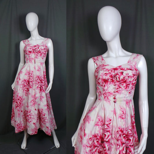 1950s White and Pink Rose Print Floral Cotton Vintage Gown