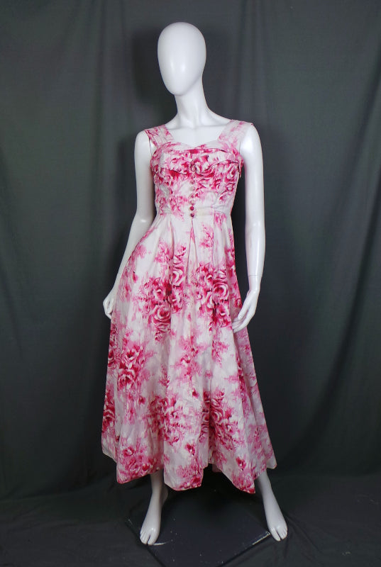 1950s White and Pink Rose Print Floral Cotton Gown, 33in Bust