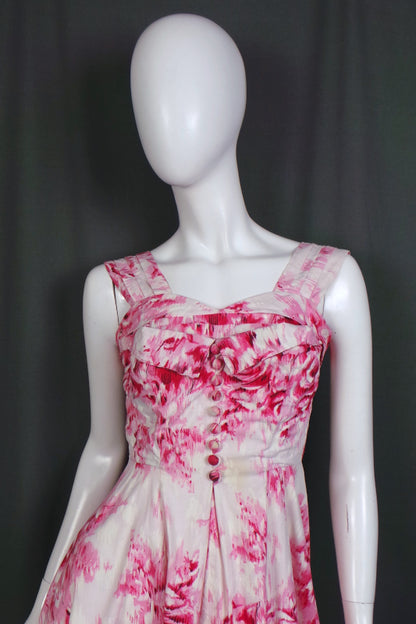1950s White and Pink Rose Print Floral Cotton Gown, 33in Bust