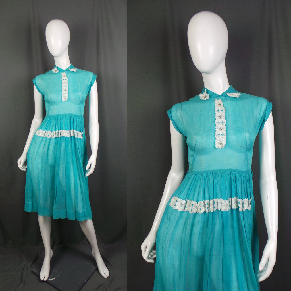 1950s Semi Sheer Aqua Blue Organza Dress, by Debby Rose of California, 37in Bust