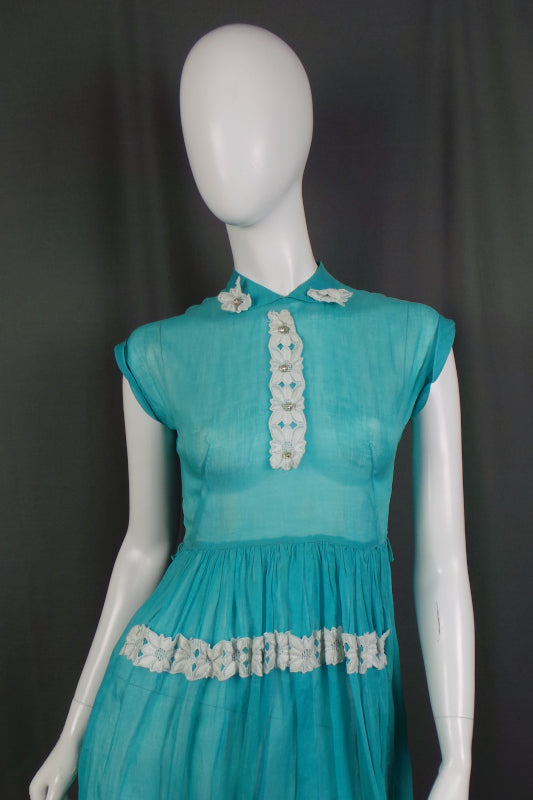 1950s Semi Sheer Aqua Blue Organza Dress, by Debby Rose of California, 37in Bust