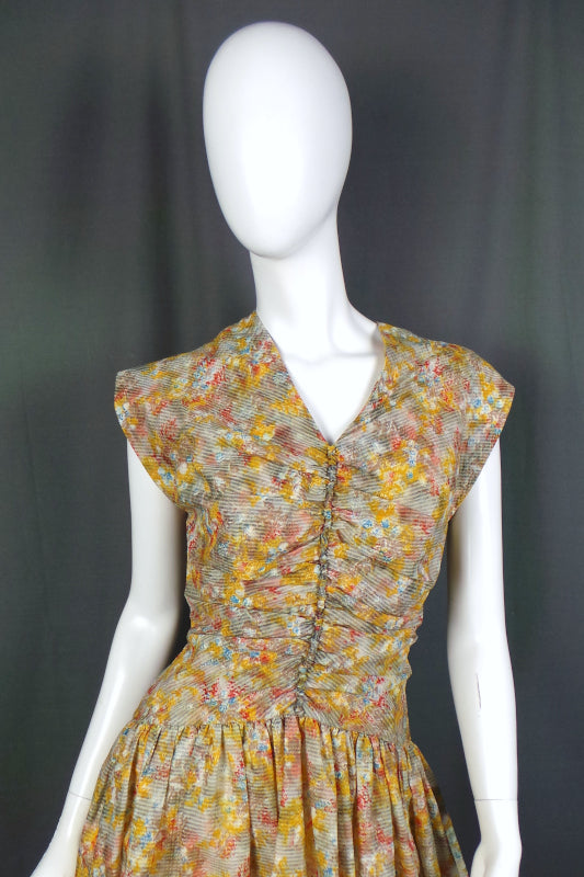 1960s Yellow Abstract Print Waffle Gauze Drop Waist Dress, by Rhona Roy, 37in Bust