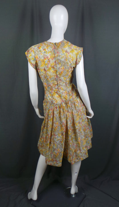 1960s Yellow Abstract Print Waffle Gauze Drop Waist Dress, by Rhona Roy, 37in Bust