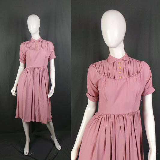 1950s Almond Pink High Collar Gathered Yoke Dress , by Jobi, 38in Bust
