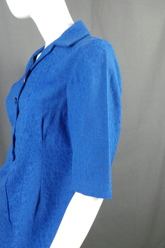 1950s Blue Dotty Textured Shirt Dress | M